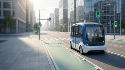 Obraz premium Futuristic Driverless Electric Shuttle Driving on City Street