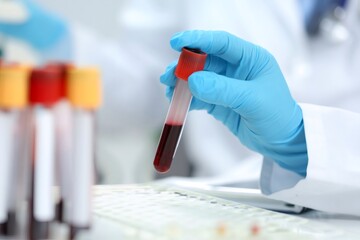 Hand holding blood sample analyzing medical test tube
