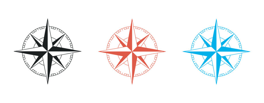 Compass rose icons set, modern nautical compass symbols with north south east west directions, navigation logo collection isolated on white