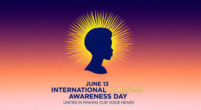 Inspirational international albinism awareness day poster with silhouette and radiant sunburst design for june event promotion