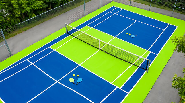 Vibrant blue and lime green outdoor multi-sport court with a net, rackets, and shuttlecocks, surrounded by a fence and lush greenery under natural light.