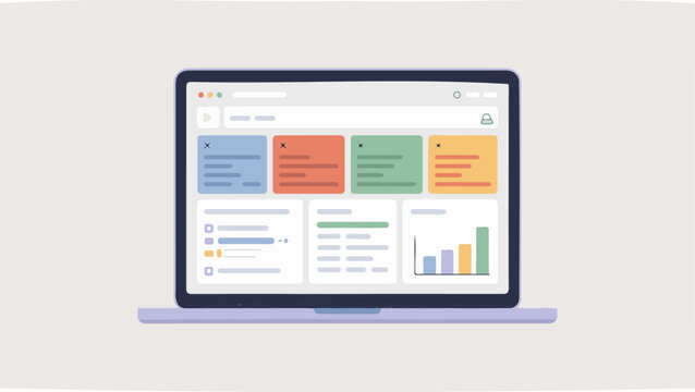 Modern laptop screen displaying a colorful digital dashboard with business analytics charts and task management organization tools for professional workflow productivity