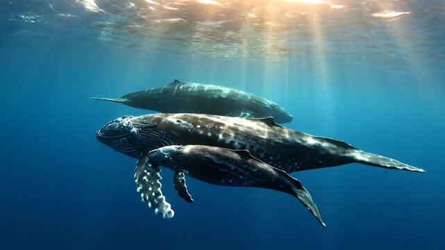 Majestic humpback whales swimming in clear blue ocean water with sun rays