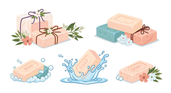 Collection of natural handmade soap bars decorated with flowers and leaves including soaps with bubbles and splashing water effects.