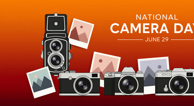 Vintage and modern cameras with printed photos celebrating national camera day event illustration