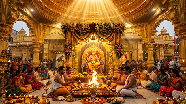 Hindu priests performing a sacred fire ritual during a religious ceremony.
