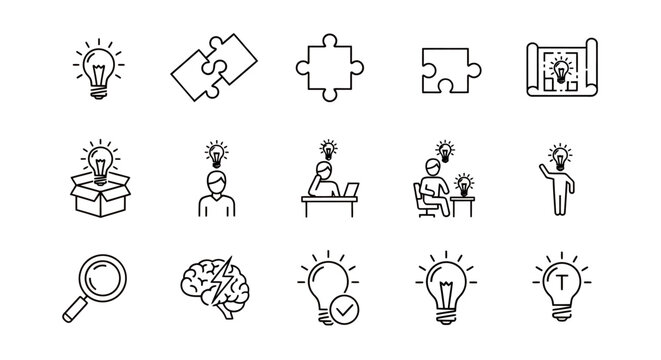Collection of lightbulb, puzzle, and teamwork icons for creative design and idea generation.