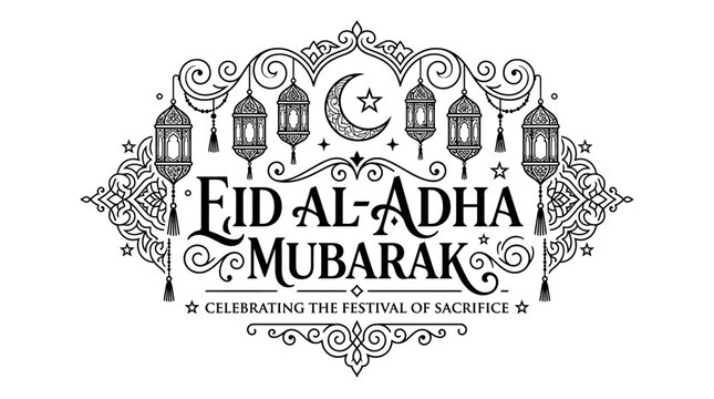 Eid al-Adha Mubarak greeting card with lanterns and crescent moon illustration