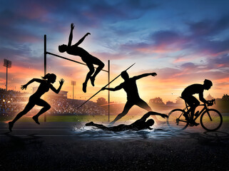 Naklejka premium Athlete silhouette collection of action poses running jumping throwing cycling on track at sunset for sports promotion
