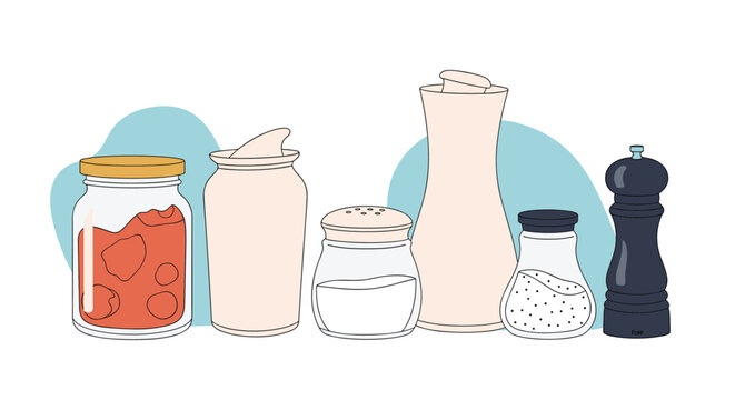 Assorted kitchen jars and containers for storing jam sugar salt and pepper in a clean and organized arrangement.