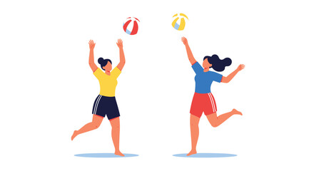 Fototapeta premium Two active women playing beach volleyball with colorful balls during a sunny summer vacation by the shore.