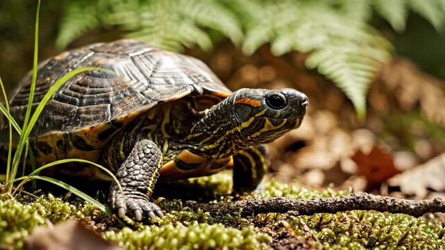 Close-up of a turtle walking on mossy ground in lush forest, slow movement