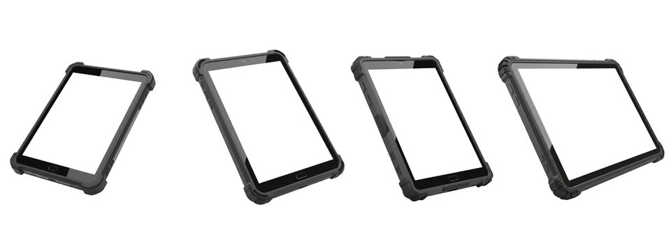 Four rugged tablet computers with blank black screens on dark background