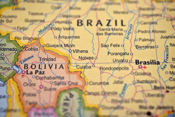Fototapeta premium Nobres Brazil Highlighted on World Map with Soft Blurred Background Geographic Focus