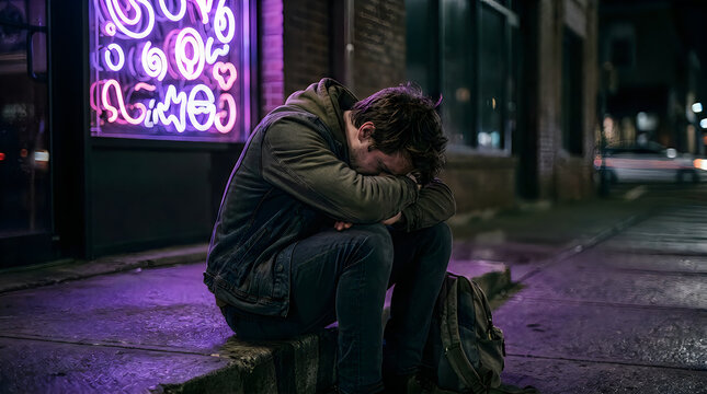 Young man slumps alone in street alley under neon sign, hands covering face, feeling stressed and lonely at night