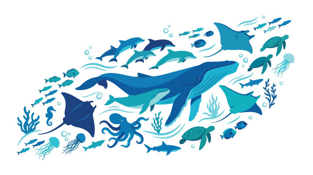World Oceans Day celebration with diverse marine life including whales dolphins manta rays and fish in blue water