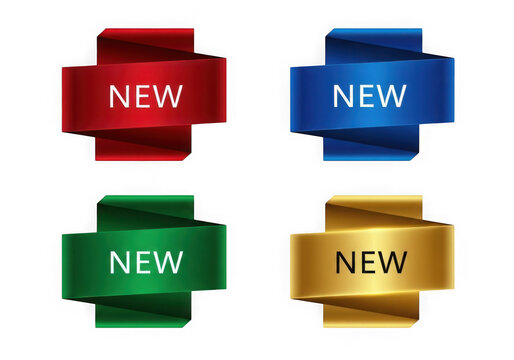 Four colorful rectangular buttons with the word 'new' isolated on transparent background