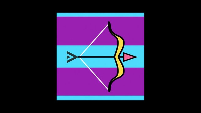 Animated graphic sequence showing a bow and arrow in motion with the arrow progressively being drawn back and released symbolizing action precision and forward momentum against a vibrant purple
