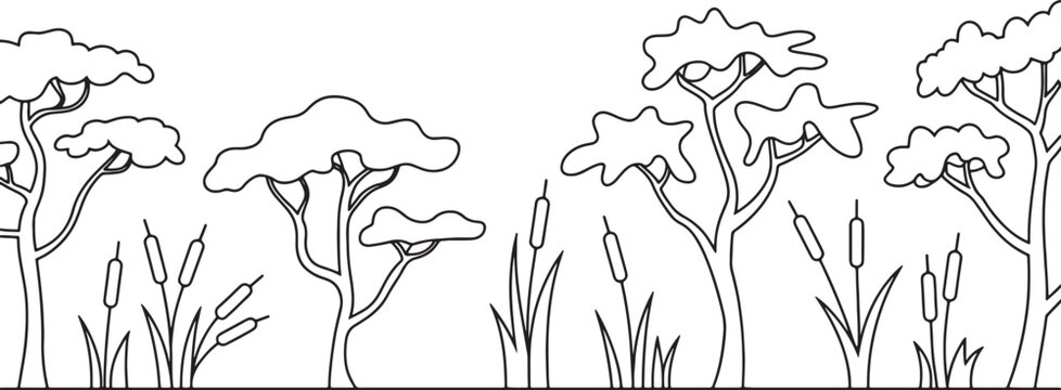 Hand drawn doodle landscape with trees and cattail plants in a simple nature scene