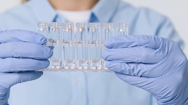 Laboratory technician holding empty sample vial rack with gloved hand, medical research and public health monitoring concept