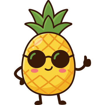 A cartoon pineapple character wearing sunglasses gives a thumbs up outdoors