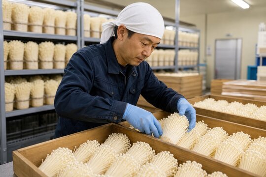 Japanese food production worker sorting fresh enoki mushrooms in clean factory storage room, focused quality control with blue gloves and warm lighting