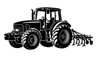 Obraz premium Black farm tractor silhouette vector graphic isolated on white background