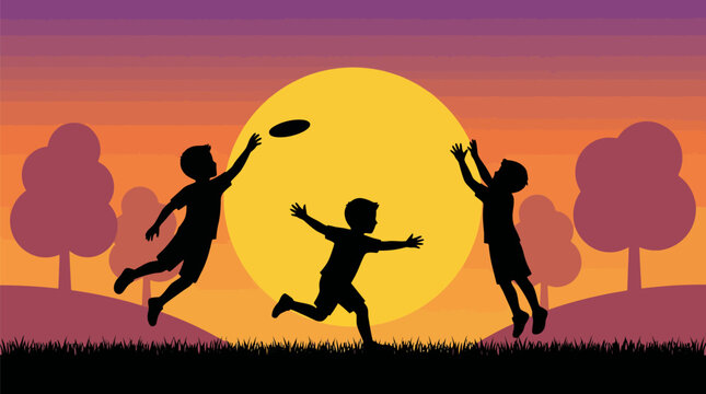 Children playing frisbee in sunset silhouette landscape with trees