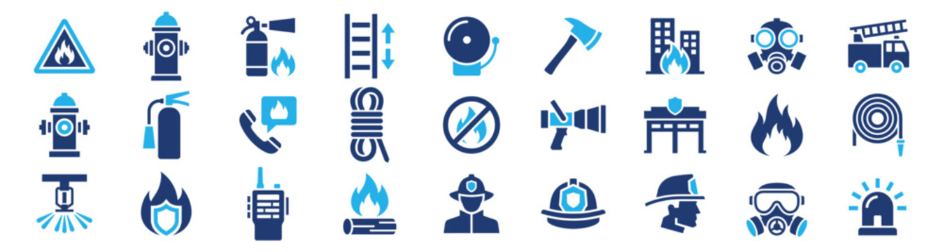 Fire safety and firefighting icons in a two-color glyph style. This symbol set includes elements for emergency equipment, prevention and rescue.