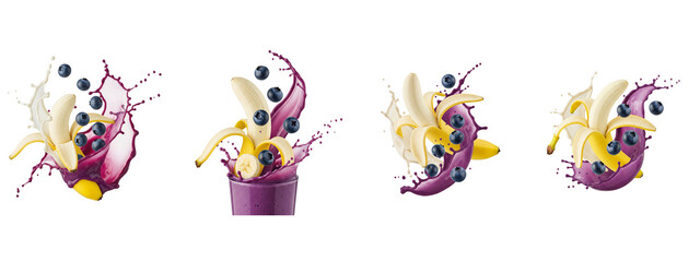 Obraz premium Fresh banana and blueberry smoothie splash isolated on black background