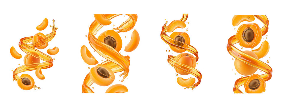 Fresh apricots with swirling fruit juice splashes isolated on black