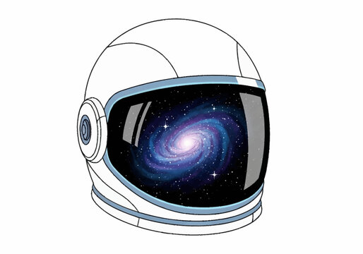Astronaut helmet with a galaxy reflected in the visor symbolizing space exploration and the cosmos.