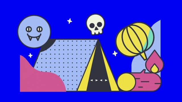 Colorful animated illustration of a tent skull and smiley face under a starry night sky with vibrant shapes and patterns