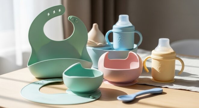 Baby Feeding Essentials - Colorful Silicone Bowls, Bibs, and Sippy Cups on Table.