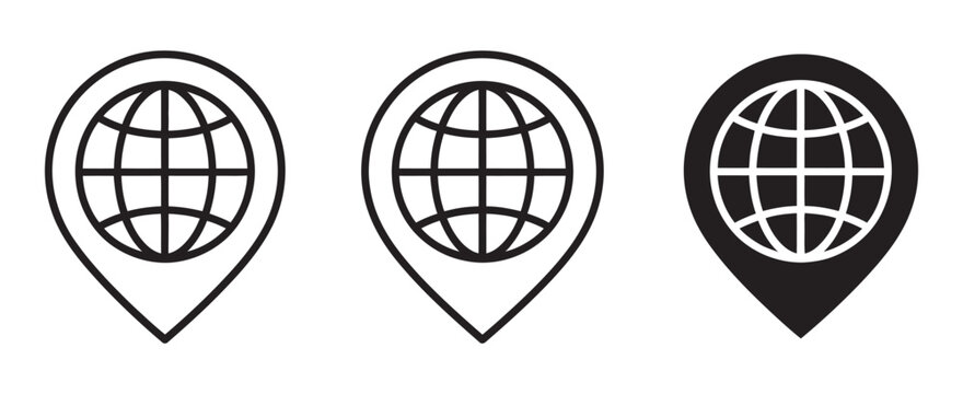 Global location pin icon set, world map pointer symbols in black and white, globe markers for navigation and travel app design, modern vector illustration.