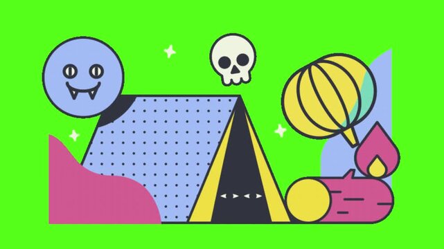 Colorful animated graphic design elements with smiley faces and skulls on green background
