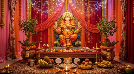 Fototapeta premium Auspicious vighnaraja ganesha idol adorned with flowers and lit lamps for sankashti chaturthi puja ceremony in vibrant indian home setting