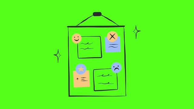 Animated green screen with hanging paper notes and emoticons changing