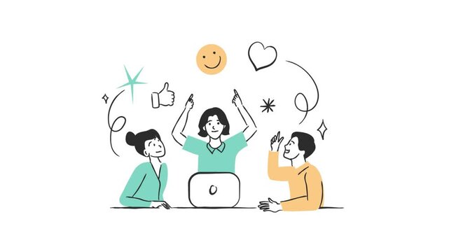 Happy coworkers celebrating success around a laptop with positive feedback symbols