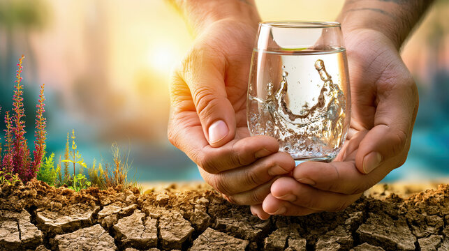 Water scarcity planning hands holding glass of water over dry soil in environmental concept