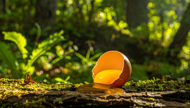 Broken brown egg with bright yellow yolk spilling onto mossy log in sunlit forest with bokeh background