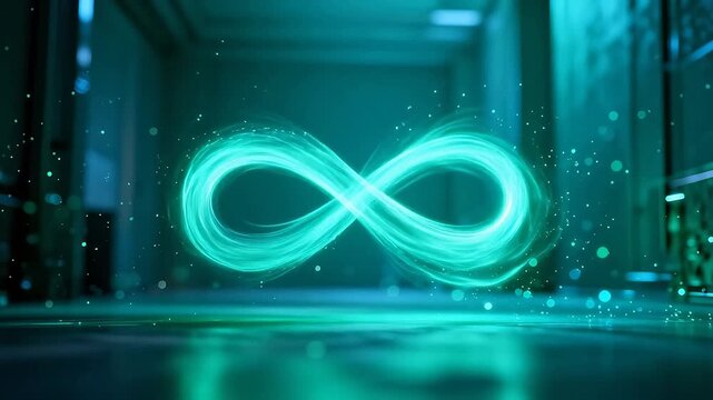 Glowing infinity symbol loop with green particles in server room background