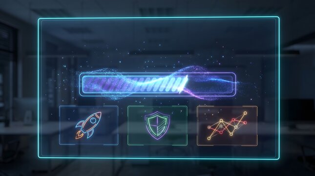 Futuristic business progress screen with gamified elements and neon lights in a dark office environment