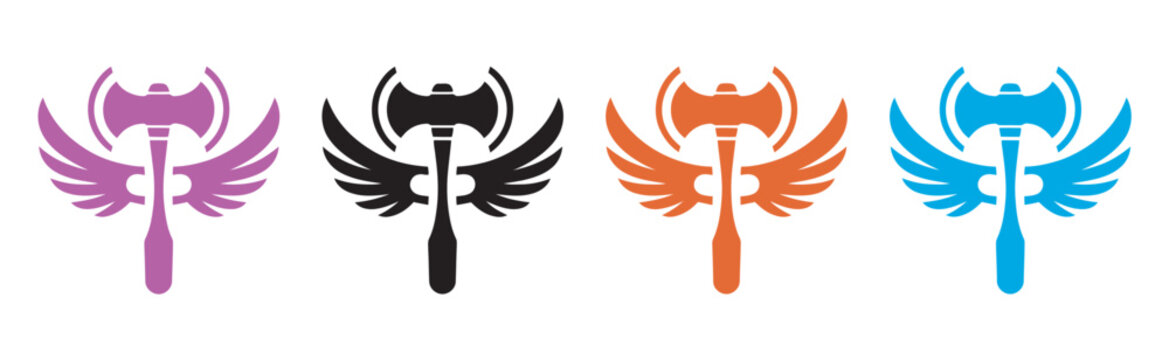 Axe with wings icon set, fantasy game logo design vector collection, colorful flat style weapon wing emblem symbols
