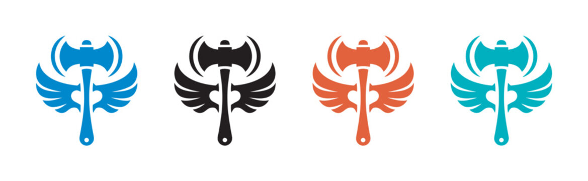 Axe with wings icon set, fantasy game logo design vector collection, colorful flat style weapon wing emblem symbols