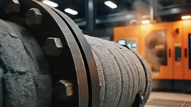 Industrial pipe with thermal insulation and bolted flange in a factory. Modern machinery and control panels are in the background. Heavy industry concept, ideal for energy production marketing.