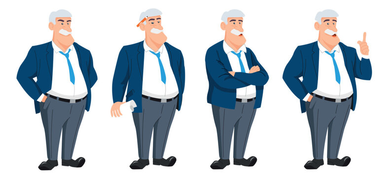 Elderly businessman in different poses, isolated on Background. The character is wearing a blue suit, shirt, tie, with mustache. Perfect for business, office, leadership, manager. Vector Cartoon
