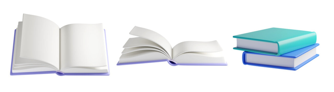 3D open and closed book in a stack. Hardcover icon book with empty white pages, isolated on background. Ideal for libraries, schools, education, learning, literature, blog. 3d render
