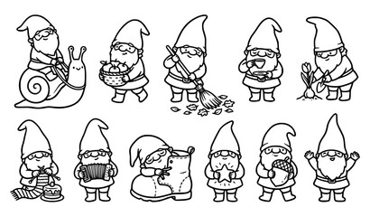 Funny elf and gnome outline illustration set with cute hand drawn fantasy characters © Hazara