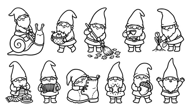 Funny elf and gnome outline illustration set with cute hand drawn fantasy characters